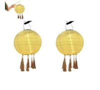 12 Inch Solar Powered Lanterns 2 Pcs LED Garden Decorative Light Round Paper Lanterns with Tassels for Garden Deco, Night Parties, Garden, Family Celebrations