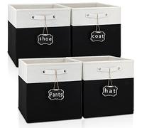 12 inch storage bins,Set of 4 Collapsible Fabric Storage Cubes with Labels,Linen Cube Storage Organizer Bins Kallax Storage Cubes for Organizing Office,Shelves,Nursery Toys,Clothes(White Black).