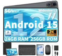 12 Inch Tablet Android 15 Tablets, 2025 Upgraded Android Tablet with Keyboard, 24GB RAM+256GB ROM(1TB Expand), Octa-Core, 2K 2000x1200 Display, 16MP Dual Camera, 8000mAh, 2.4G/5G WiFi, GPS (Black)