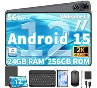 12 Inch Tablet Android 15 Tablets, 2026 Upgraded Android Tablet with Keyboard, 24GB RAM+256GB ROM(1TB Expand), Octa-Core, 2K 2000x1200 Display, 16MP Dual Camera, 8000mAh, 2.4G/5G WiFi, GPS (Silver）