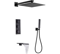 12 Inch tatic Shower System with Waterfall Tub Spout, Black Shower Faucet Set, Wall Mounted Rainfall Shower Head, Handheld Shower Set, Rain Mixer Shower Combo Set