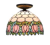 12 Inch Tiffany Ceiling Light Flush Mount, Dimmable Stained Glass Chandeliers, E26 Bulb, Victoria Style Decorative Ceiling Lamp for Living Room, Bedroom, Hallway, Pink