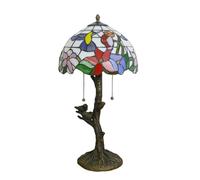 12 Inch Tiffany Style Stained Glass Table Lamp with Bird Base Pull Chain Switch Pastoral Design Colorful Flowers & Green Leaves Perfect for Bedroom & Living Room Decor