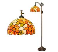 12 Inch Tiffany Style Sunflower Floor Lamp - Beige & Green Leaf Stained Glass Retro Arched Gooseneck Adjustable Reading Light Pastoral Rural Home Decor