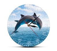 12 Inch Wall Clock Decor Two Jumping Dolphins Seascape Blue Wall Clock Deep Ocean Waters With Porpoise Silent Movement Wall Watch Sea Animals Wall Art For Modern Home Decor