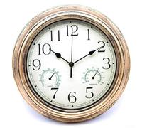 12 Inch Waterproof Wall Clock for Outdoor For garden Use with Thermometer and Hygrometer, Silent Analog Movement and Weatherproof Design (bronze gold)