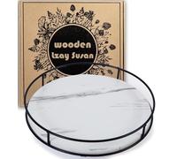12 Inch White Wood Lazy Susan Turntable for Table, Kitchen Rustic Brown Turntable Organizer with Steel Frame, 360 Degree Decorative Turntable for Countertop Cabinet or Centerpieces