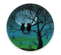 12 Inch Wooden Round Wall Clock, Cats Watch The Moon on Tree Hanging Wall Clock, Silent Non-Ticking Battery Operated Decorative Wall Clock for Home Kitchen Office 12\