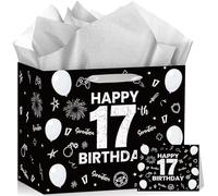 12'' Large 17th Birthday Gift Bag for Boys Black White Gamer Present Bag with Tissue Paper Greeting Card Video Game Theme Wrapping Bags Birthday Party Supplies for 17 Year Old Teenagers