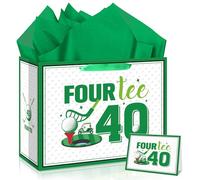 12'' Large 40th Golf Birthday Gift Bag with Greeting Card Tissue Paper Four-tee Funny Themed Party Decorations Presentation Present Bag for Men Dad Husband Golf Lovers 40th Milestone Birthday Supplies