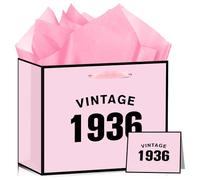 12'' Large 90th Birthday Gift Bag for Women Pink Vintage 1936 Happy 90th Birthday Gift Bag with Tissue Paper and Card Rose Gold 90th Birthday Bag for Mom Grandma Wife Ninety Years Old Bday Party