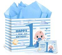 12'' Large Baby Boy 1st Birthday Gift Bag with Wrapping Paper and Card Blue Happy 1st Birthday Gift Bag First Birthday Bag for One Year Old Boys Newborn Baby Shower First Bday Party Supplies