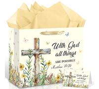 12'' Large Christian Gift Bags with Wrapping Paper Card Religious Cross Gift Bag Baptism Wildflower Paper Bag for First Communion Confirmation Church Blessings Women Wedding Supplies