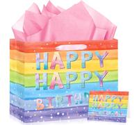 12" Large Colorful Birthday Gift Bag for Girls Rainbow Color Happy Birthday Gift Bag with Handles Wrapping Paper and Greeting Card for Kids Baby Girls Boys Woman Bday Party Supplies Decor