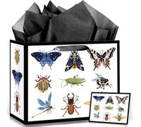 12'' Large Funny Bug Gift Bag for Boys Girls Bug Birthday Gift Bag with Wrapping Paper and Card Insect Butterfly Dragonfly Beetle Mantis Bag for Insect Lovers Baby Shower Bday Party Decor Supplies