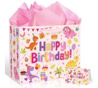 12" Large Pink Dinosaur Birthday Gift Bag for Girls Colorful Dino Happy Birthday Gift Bag with Handles Wrapping Paper and Card for Kids Girl Newborn Baby Shower Bday Party Supplies Decor