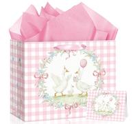 12'' Large Pink Silly Goose Gift Bag with 3 Tissue Paper & Greeting Card | Pink Gingham Watercolor Swan Birthday Present Bag for Daughter Niece Baby Girl Shower Party Supplies Favors
