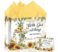 12" Large Sunflower Cross Gift Bag With God All Things Are Possible Christian Gift Bag with Wrapping Paper and Card for First Communions, Baby Girl Baptisms, Christenings, Religious Occasions