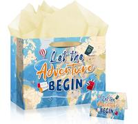 12" Let the Adventure Begin Gift Bag, Travel Adventure Gift Bag for Around the World Party Decorations, with Handle Greeting Card and Tissue Paper, World Map Favor Bags for Camping Airplane Birthday