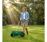 12 Litre Lawn Spreader Rotary Seed & Salt Spreader With Protective Roof 110Cm Long Handle, Adjustable Flow Rate