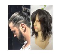 12" Long Human Hair Toupee for Men, 8x10 Inch Ultra Thin Full PU Skin Base Men Hairpiece 1B# Black Hair Mixed 20% Synthetic Gray Hair System