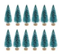 12 Mini Artificial Christmas Trees with Wood Base, Bottle Brush Trees, Plastic Snow Ornaments - Deep Green, 8.5cm