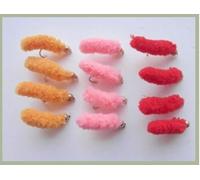 12 Mop Flies, Pink Orange & Red WotsitsWotsit Fishing Flies pack of 12 flies, gold bead, Fly Fishing, (Barbless)