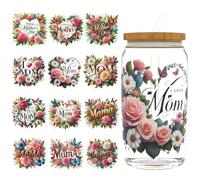 12 Mother's Day Heart Love Flower Leaf UV DTF Cup Wraps Transfer Waterproof Sticker for Glass Cups Furniture Craft DIY Crafts，Rub on Transfer Stickers for DIY Water Bottle Laptop Decal Wood Car