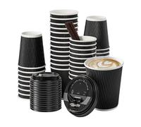 12 oz Black Disposable Kraft Paper Ripple Cups with Lids - Pack of 50 Insulated Triple Wall Takeaway Drinking Cup - Great for Coffee, Tea, and Hot Drinks - Reusable, Leak Proof Travel or Office Cups