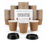12 oz Brown Disposable Kraft Paper Ripple Cups with Lids - Pack of 50 Insulated Triple Wall Takeaway Drinking Cup - Great for Coffee, Tea, and Hot Drinks - Reusable, Leak Proof Travel or Office Cups