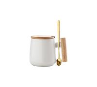 12 Oz Ceramic Coffee Mug with Wooden Lid and Gold Spoon - Milk Tea Cup for Office and Home, Funny Gifts for Lovers and Christmas (White)