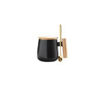12 Oz Ceramic Coffee Mug With Wooden Lid and Gold Spoon - Milk Tea Cup for Office and Home - Funny Idea Gift for Birthday, Lovers, Christmas - Black