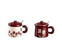 12 oz Cute Coffee Mugs Set of 2 with Lids, Handles, and Spoons Unique Funky Floral Ceramic Coffee Cups for Women & Men Gift Ready Tea & Cappuccino Mugs for Espresso, Americano, Latte Gift Box Set