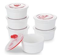 12 oz Ramekins with Lids - 6 pcs Porcelain Ramekins Dishes for Souffle,Creme Brulee, Pudding, Custard Cups,Bakeware Bowls Set for Baking,Oven Safe, White (4.5 inch)