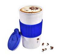 12 oz Travel Coffee Mug, Ceramic Double Wall Insulated Mug No Handle with Splash Resistant Lid & Non-Slip Silicone Sleeve, Travel Must-Have White Coffee Cup, Reusable, Gifts For Women & Men, Blue