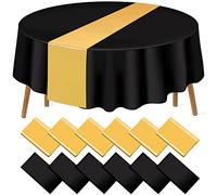 12 Pack 12x108 Inch Satin Table Runner and 84 Inch Round Plastic Tablecloths Set Black and Gold Disposable Round Table Cover for Graduation Wedding Bridal Shower Anniversary Birthday Party Decorations