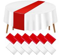 12 Pack 12x108 Inch Satin Table Runner and 84 Inch Round Plastic Tablecloths Set Red and White Disposable Round Table Cover for Graduation Wedding Bridal Shower Anniversary Birthday Party Decorations