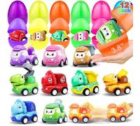 12 Pack 3.8" Jumbo Easter Eggs Filled with Pull Back Cars, Large Easter Eggs Filled Dinosaur Construction Vehicles Toys Easter Basket Stuffers for Toddlers Kids Boys Girls Fillers Party Favors Gifts