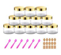 12 Pack 4 oz Plastic Cosmetic Containers With Gold Lids Refillable Clear Empty Travle Jars Containers for Body Butter,Sugar Scrubs,Cream,Lotions,Candy, Label&Spatulas