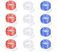 12 Pack 4th of July Lights 7 Feet 20 Led Waterproof Red White and Blue Lights Silver Wire Firefly Starry Moon Lights for Bedroom Independence Day Fouth of July Decor (Red & White & Blue)