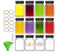 12 Pack 60ml Glass Shot Bottles with Black Lids - Small Clear Jars for Ginger Shots, Wellness Juice, Whiskey & Samples - Includes Funnel, Brush & Stickers, Wide Mouth, Leakproof, Dishwasher Safe