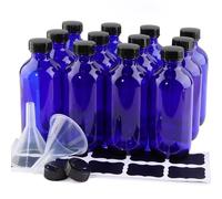 12 Pack 8 oz Cobalt Blue Glass Bottles, 240ml Boston Round Sample Bottles with Black Poly Cone Caps, Labels and Funnels