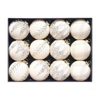 12-Pack 8Cm Flocked Christmas Baubles, Assorted Dark Green Coffee Red Wine Beige Glitter Ornaments For Nativity Décor(Beige)