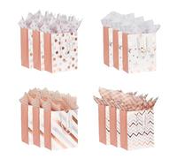 12 Pack 9" Gift Bags Medium Size with Tissue Paper, 4 Design Rose Gold Paper Gift Bags with Handles for Party Wedding Baby Shower Holiday Presents Small Business