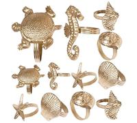 12 Pack Antique Gold Napkin Rings - 6 Styles Nautical Napkin Rings Sea Animals Theme - Lightweight Metal Napkin Ring Metallic Adornment for Dining, Home Décor, Gifting, Wedding, Party - CLEENTABLE
