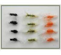 12 Pack Barbless Shipman Buzzer Flies - Black, Olive & Orange - Effective Buzzer Trout Patterns for UK Still Water & River