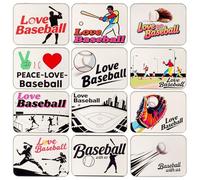 12 Pack Baseball Themed Image Pattern Rectangular Silver Metal Storage Organizer Tins Empty Gift Boxes with Hinged Lids, 4.5 x 3.3 x 0.9 inch