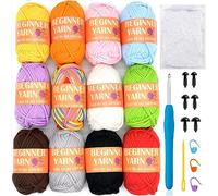 12 Pack Beginners Crochet Yarn Blue Green Pink Purple Yellow Rainbow Cotton Crochet Yarn for Crocheting Knitting Beginners with Easy-to-see Stitches Mini Crochet Yarn for Beginners Crochet Kit(12x25g)