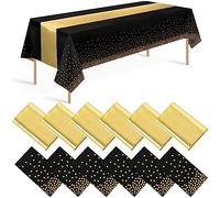 12 Pack Black and Gold Tablecloth and Table Runner Set Party Decorations, Black and Gold Plastic Disposable Tablecloth and Satin Table Runner for Wedding Birthday Bridal Graduation Anniversary Party