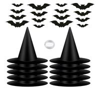 12 Pack Black Hanging Witch Hat with 24pcs 3D Bat Wall Decor and 164Ft Nylon Cord, Witch Cap Hanging Costume Halloween Decorations for Indoor Outdoor Haunted House Party Decorations